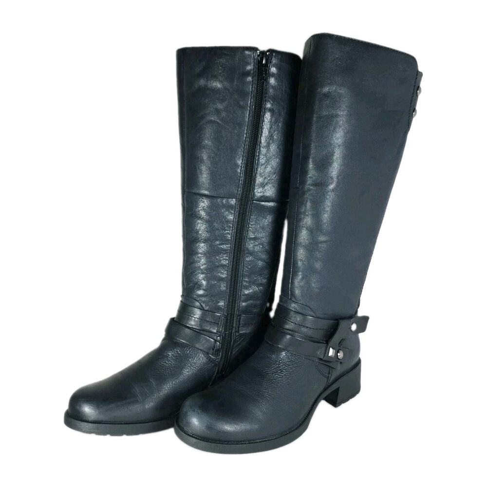 Earth Origins Womenβs US7B Black Leather Side Zip Tall Riding Boots